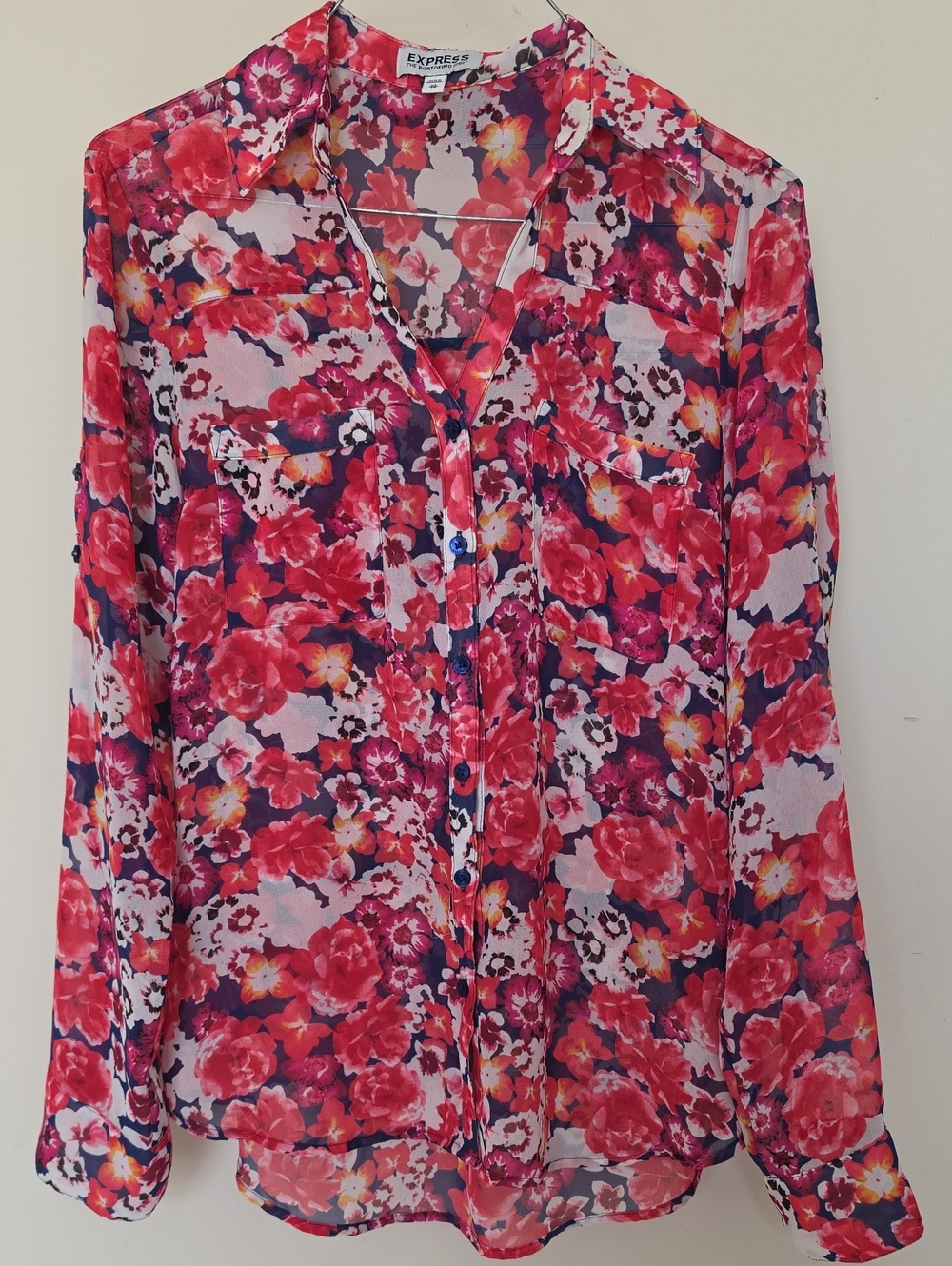 Express Sheer Floral Button-Down Blouse - Pink, Red, Navy